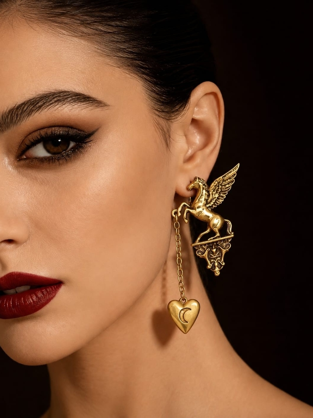 Vuntage Gold Pegasus Drop Earring with Heart Charm - Women Jewelry